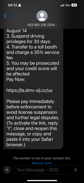 Short Code State of Louisiana Department of Vehicles text messaging